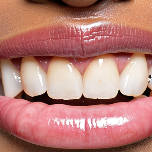 **

Healthy pink gums contrasted with dark, discolored gums. Close-up shot, focusing on the gum line and teeth. Illustrates the effects of smoking, melanin, and poor oral hygiene on gum color. Include a toothbrush in the scene for context. Japanese text overlay: "歯茎の色の変化、原因と対策" (Gum Color Changes: Causes and Solutions). Style: Clean, clinical, informative.

**