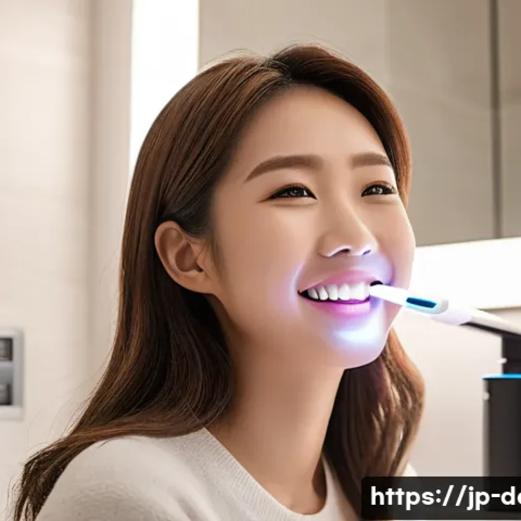 치아 미백 기기 사용법과 효과 비교 - A cozy, modern Japanese home bathroom setting with a young Japanese woman using a home teeth whiteni...