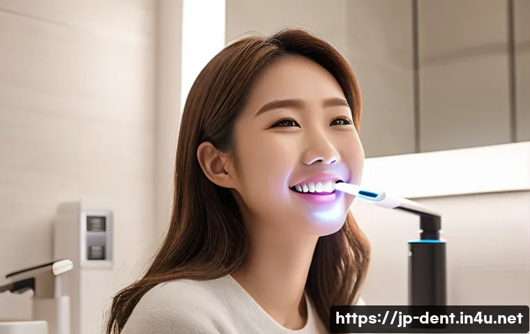 치아 미백 기기 사용법과 효과 비교 - A cozy, modern Japanese home bathroom setting with a young Japanese woman using a home teeth whiteni...