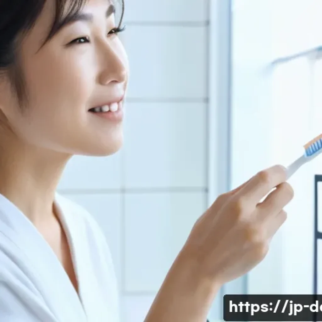 스케일링 후 치아 민감증 완화법 - A serene Japanese woman in her 30s gently brushing her teeth with a soft-bristled toothbrush in a mo...