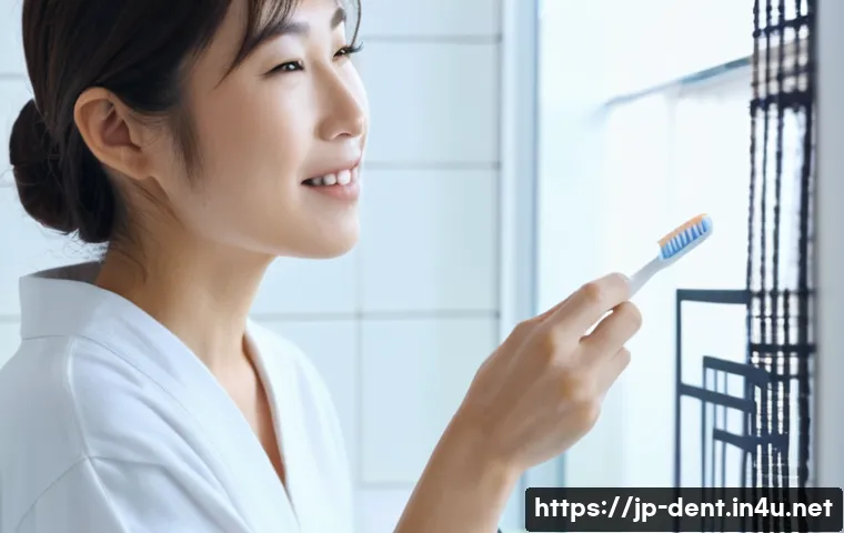 스케일링 후 치아 민감증 완화법 - A serene Japanese woman in her 30s gently brushing her teeth with a soft-bristled toothbrush in a mo...