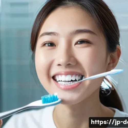 교정 중 이물질 제거 방법 - A close-up, highly detailed image of a young Japanese woman with orthodontic braces carefully cleani...