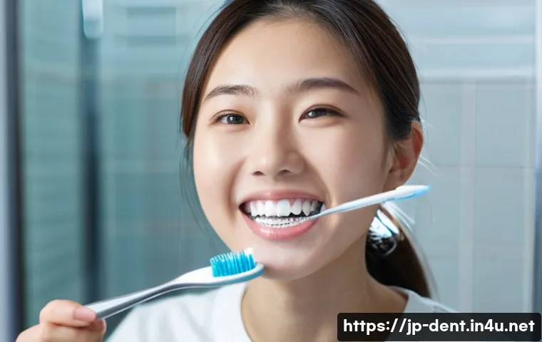 교정 중 이물질 제거 방법 - A close-up, highly detailed image of a young Japanese woman with orthodontic braces carefully cleani...