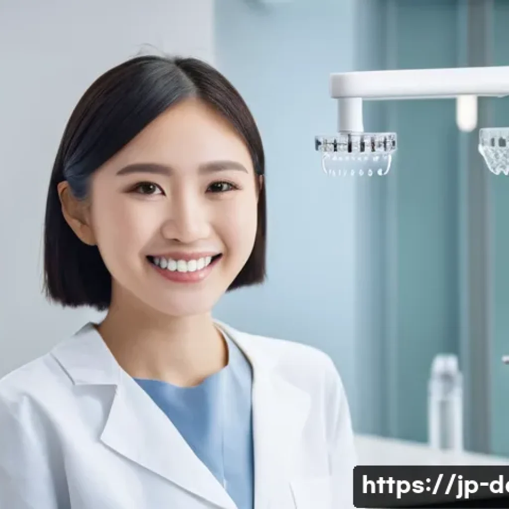 치아 사이 틈 치료 방법과 비용 - A modern dental clinic interior with a young Japanese woman in her twenties smiling confidently, sho...