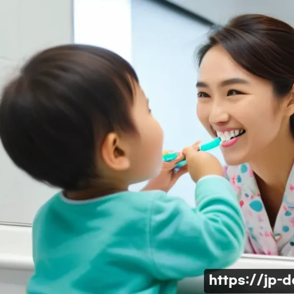 어린이 충치 예방을 위한 치과 교육 - A cheerful Japanese mother and her young child brushing teeth together in a bright, modern bathroom....