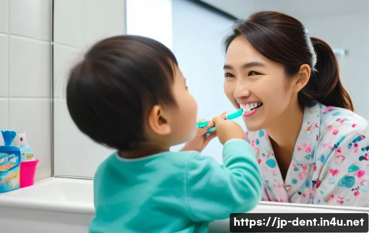 어린이 충치 예방을 위한 치과 교육 - A cheerful Japanese mother and her young child brushing teeth together in a bright, modern bathroom....