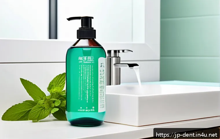 구취 제거를 위한 구강청결제 추천 - A modern Japanese bathroom scene featuring a stylish mouthwash bottle labeled in Japanese with ingre...