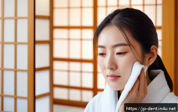 발치 후 출혈 예방을 위한 관리법 - A detailed and realistic close-up illustration of a Japanese young adult woman gently applying a col...