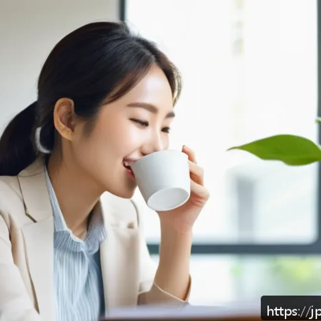 치아 색소침착 원인과 제거 방법 - A modern Japanese woman in a cozy office setting, dressed in smart casual attire with visible light ...