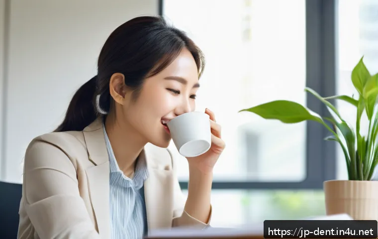 치아 색소침착 원인과 제거 방법 - A modern Japanese woman in a cozy office setting, dressed in smart casual attire with visible light ...