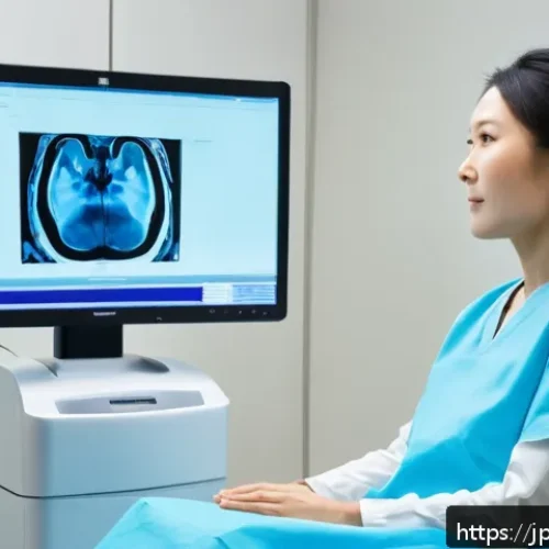 턱관절 검사와 CT 촬영 비용 - A detailed medical clinic scene showing a Japanese patient undergoing a low-radiation CT scan of the...