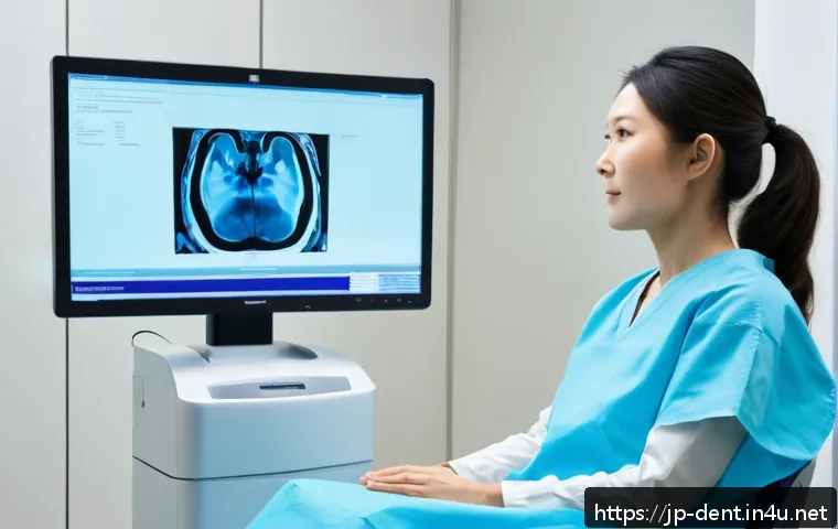턱관절 검사와 CT 촬영 비용 - A detailed medical clinic scene showing a Japanese patient undergoing a low-radiation CT scan of the...