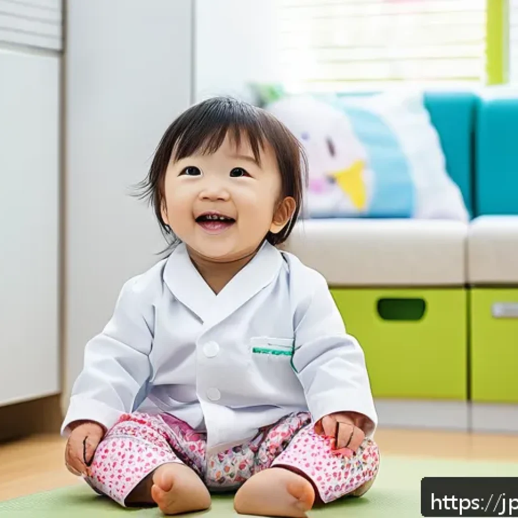 소아치과 진료 주기와 체크리스트 - A cheerful Japanese toddler wearing a colorful diaper sitting comfortably in a bright, child-friendl...