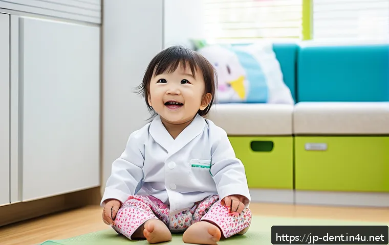 소아치과 진료 주기와 체크리스트 - A cheerful Japanese toddler wearing a colorful diaper sitting comfortably in a bright, child-friendl...