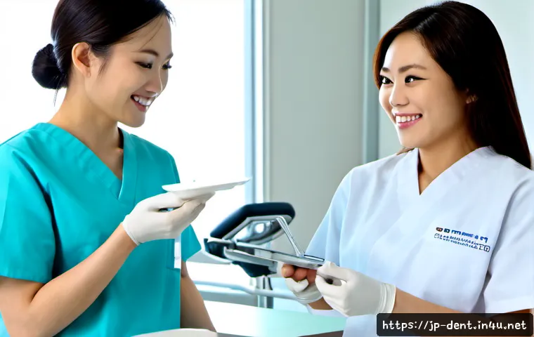 치아 크라운 종류와 장단점 비교 - Photorealistic dental consultation scene in a modern Japanese dental clinic, friendly Japanese denti...