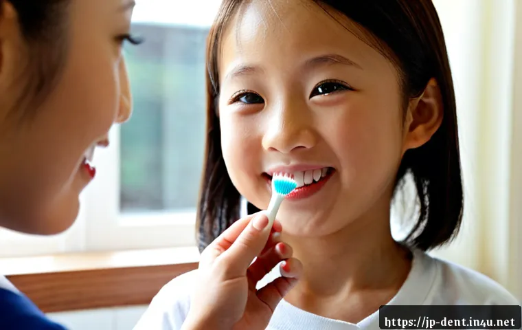유치와 영구치 교환 시기와 관리법 - Photorealistic close-up of a Japanese elementary-school-aged child smiling gently while brushing tee...