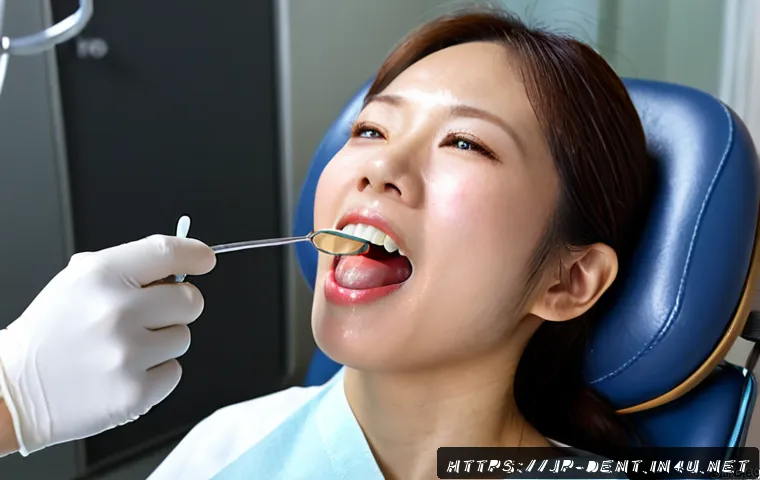 잇몸 출혈 원인과 치과 진료 필요성 - Photorealistic close-up dental examination of an adult Japanese woman seated in a modern clinic chai...